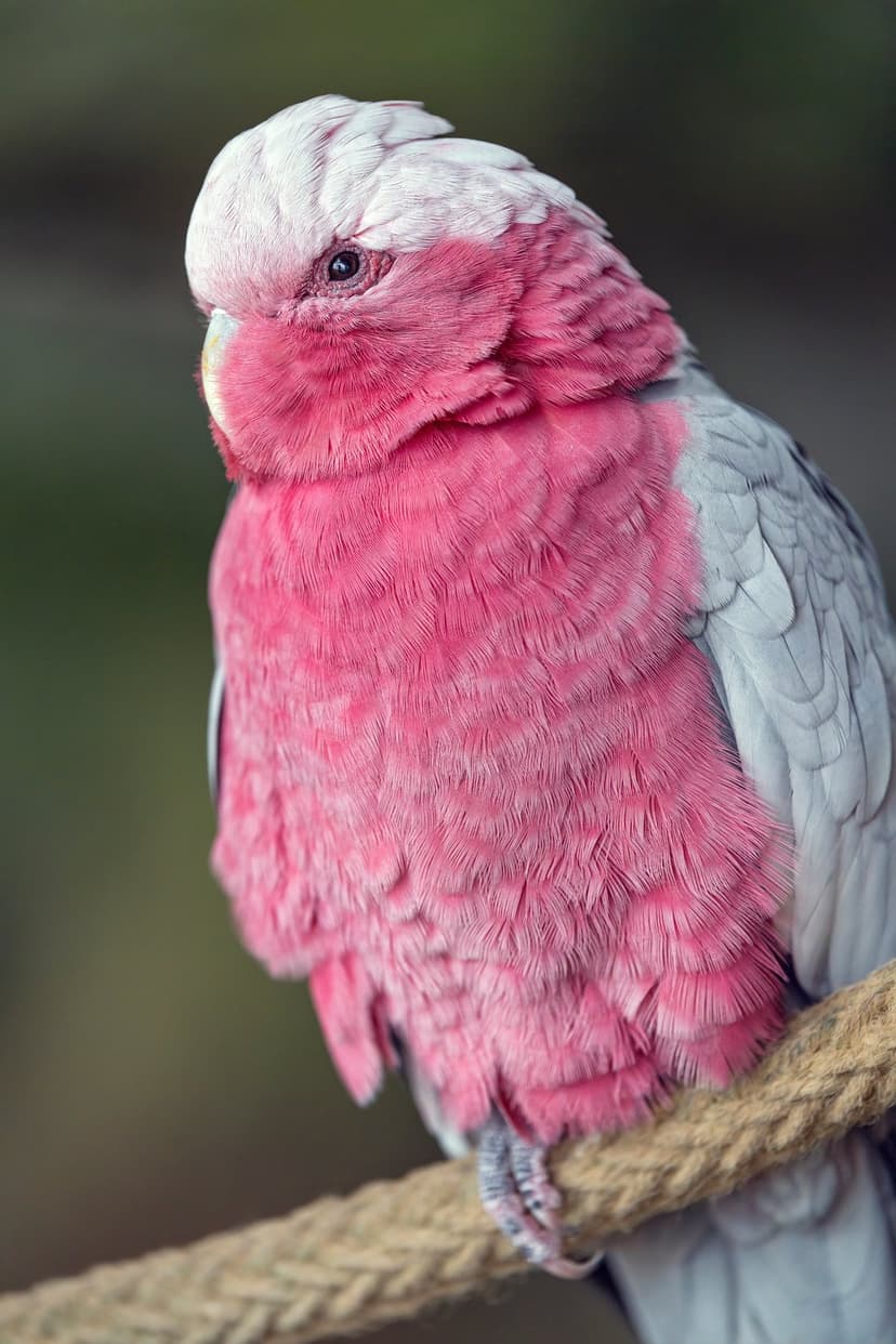 Galah parrot with pink breast and gray wings perching on a thick hemp rope against a blurry green background.