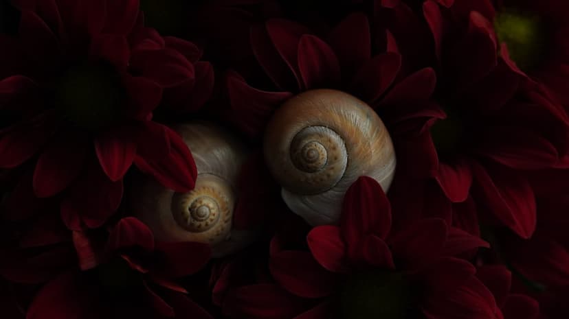 Two spiraled snail shells nestle within deep crimson flower petals in a moody macro photograph with soft lighting.