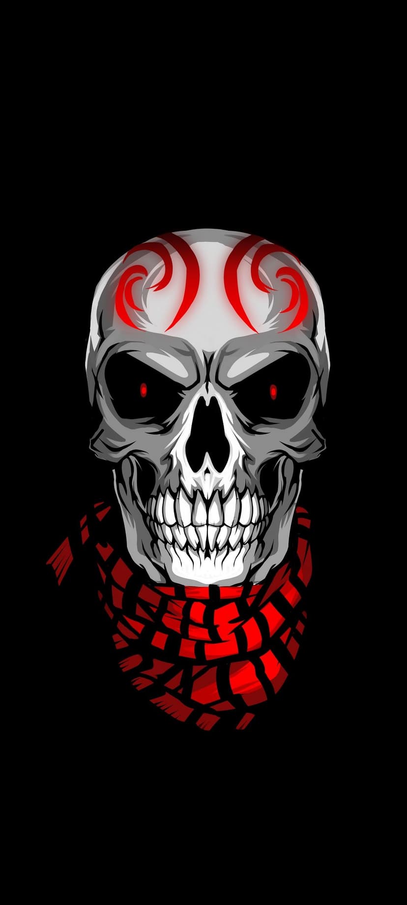 Skeletal face with luminous red eyes, crimson tribal markings, and a draped black and red checkered scarf.
