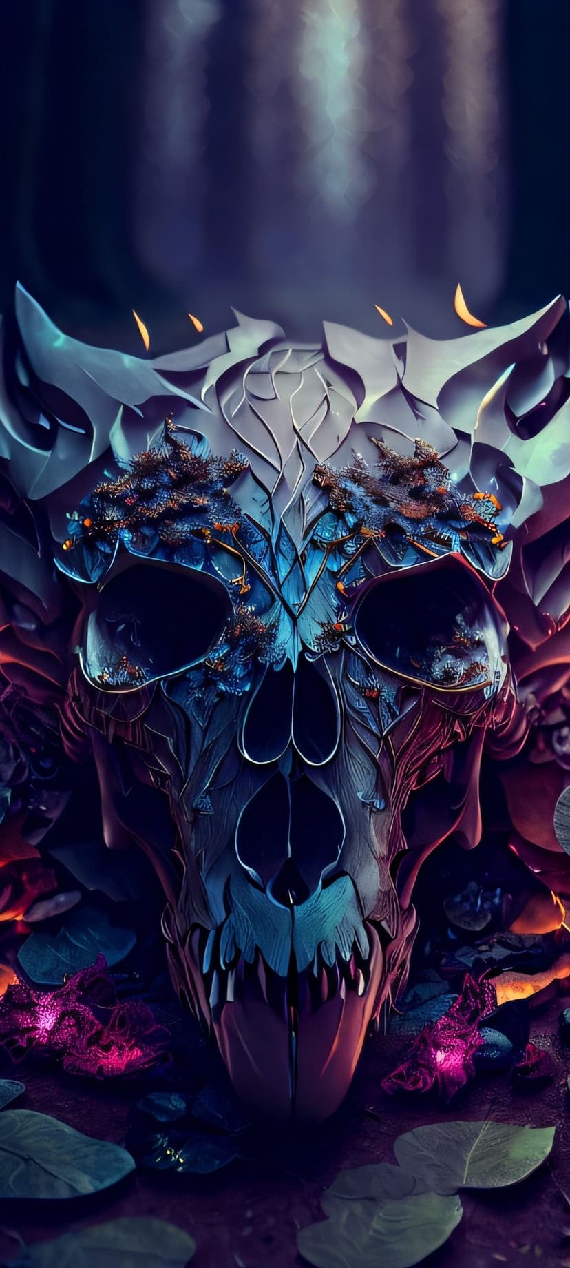 Ornate skull with intricate carvings is surrounded by orange leaves and pink light against a dark background.