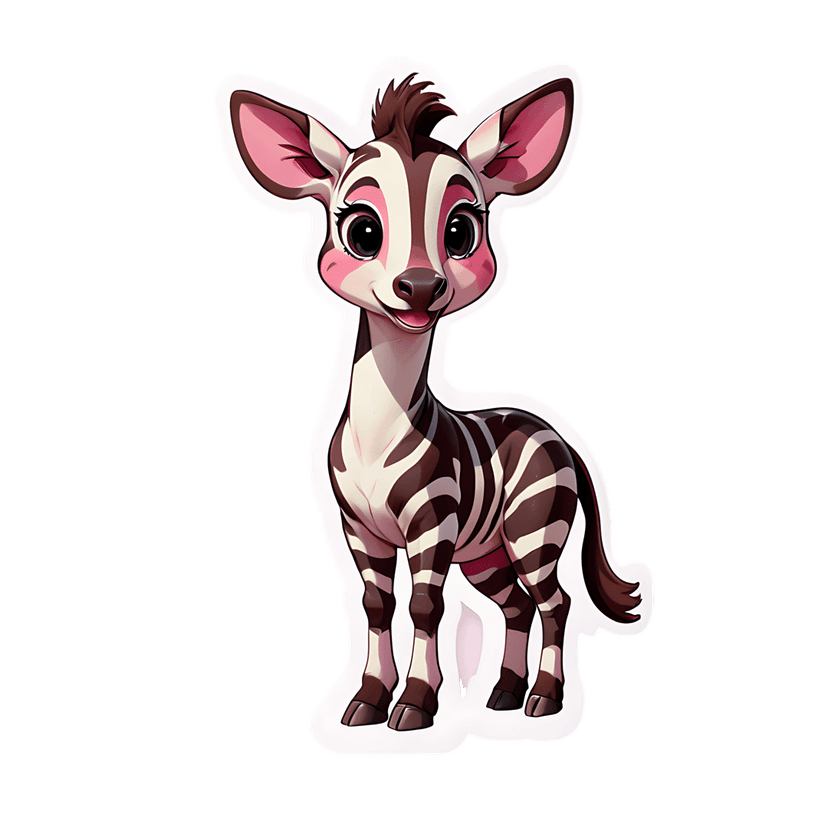 Okapi calf sticker illustration featuring brown stripes, pink ears, and a white outline in a front-facing pose.