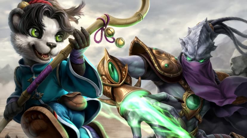 Pandaren monk Li Li with a bell staff and Protoss Zeratul with a glowing green blade in a mountain setting.