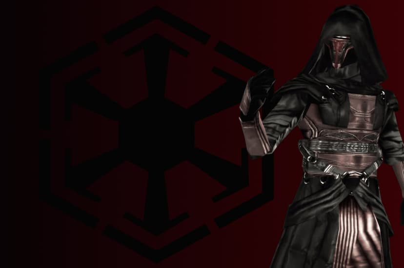 Darth Revan wearing a hooded mask standing beside a large black Sith Empire symbol on a dark red background.