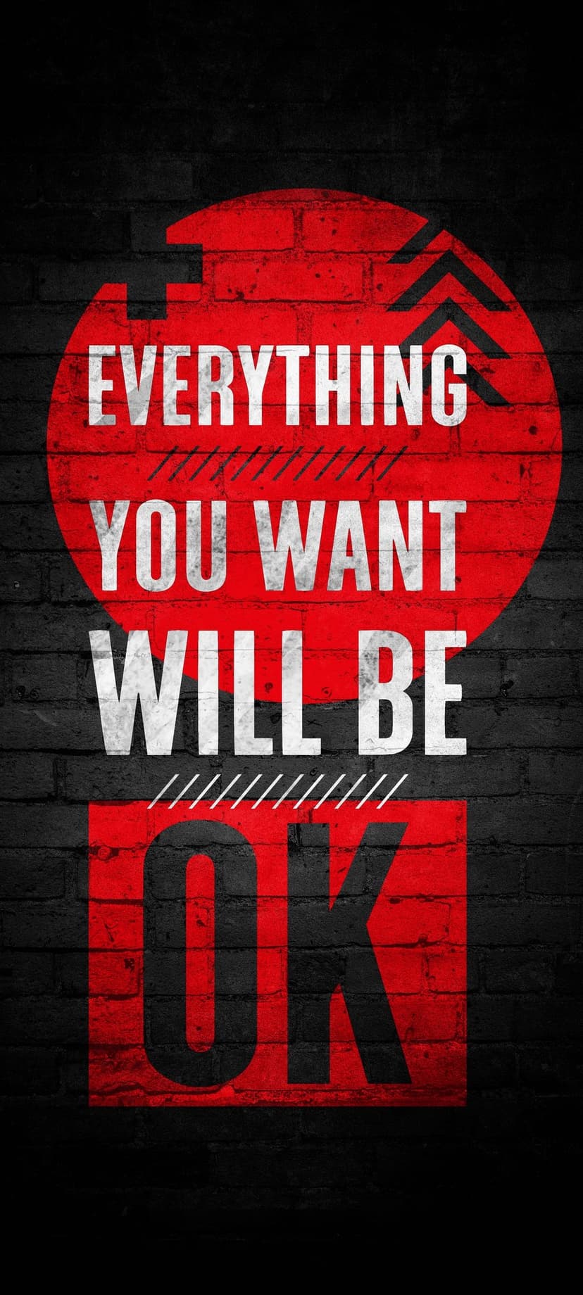 White motivational quote on a red circular graphic against a textured black brick wall with white arrows.