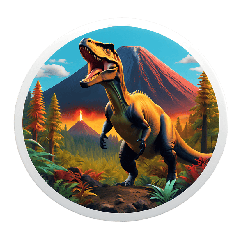 Orange dinosaur roaring in a prehistoric jungle under a blue sky with erupting volcanoes at sunset.