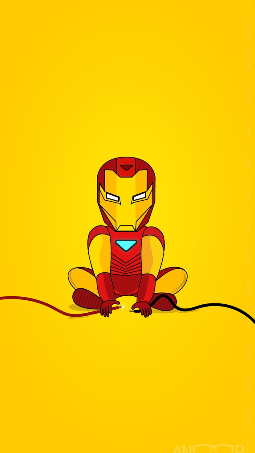 Baby Iron Man in red armor sits on a yellow background holding red and black wires with small blue sparks.