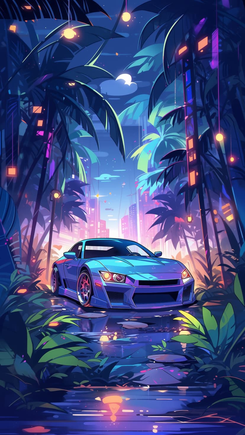 Blue sports car parked in a flooded street with neon cityscape reflections and tropical palm trees at night.