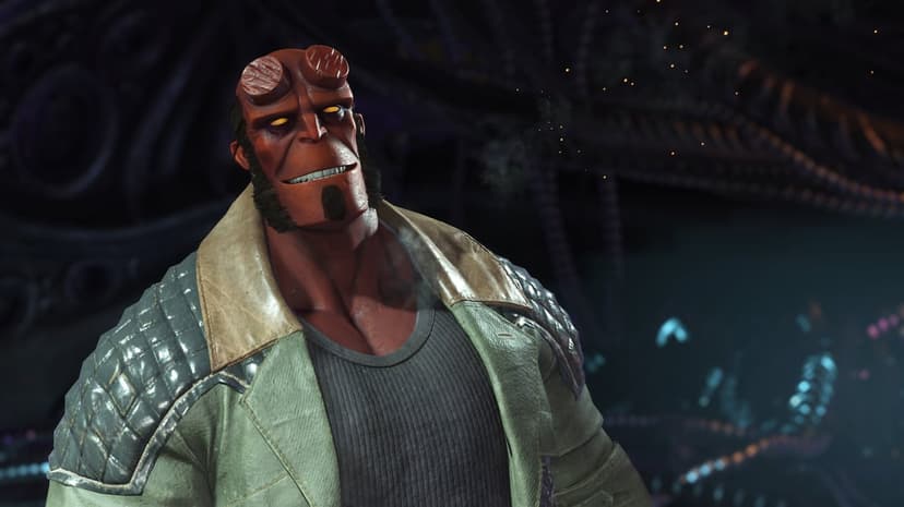 Hellboy with red skin and filed horns smirking in a green trench coat against a dark cinematic background.