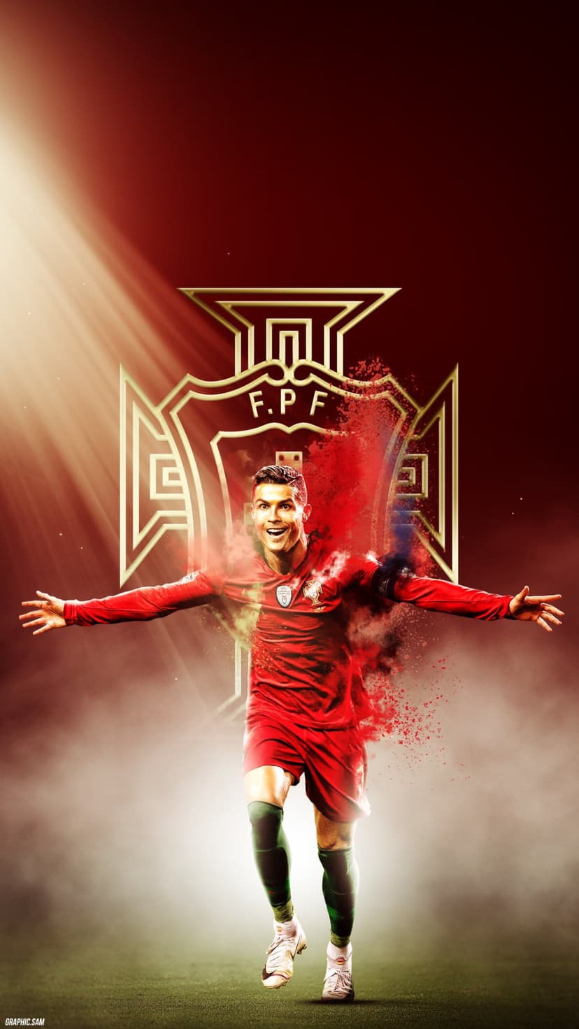 Cristiano Ronaldo celebrates in a red Portugal jersey surrounded by gold abstract swirls and the FPF crest.