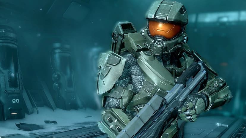 Master Chief in green armor holding a rifle in a frosty blue cryo-chamber with a glowing orange visor.