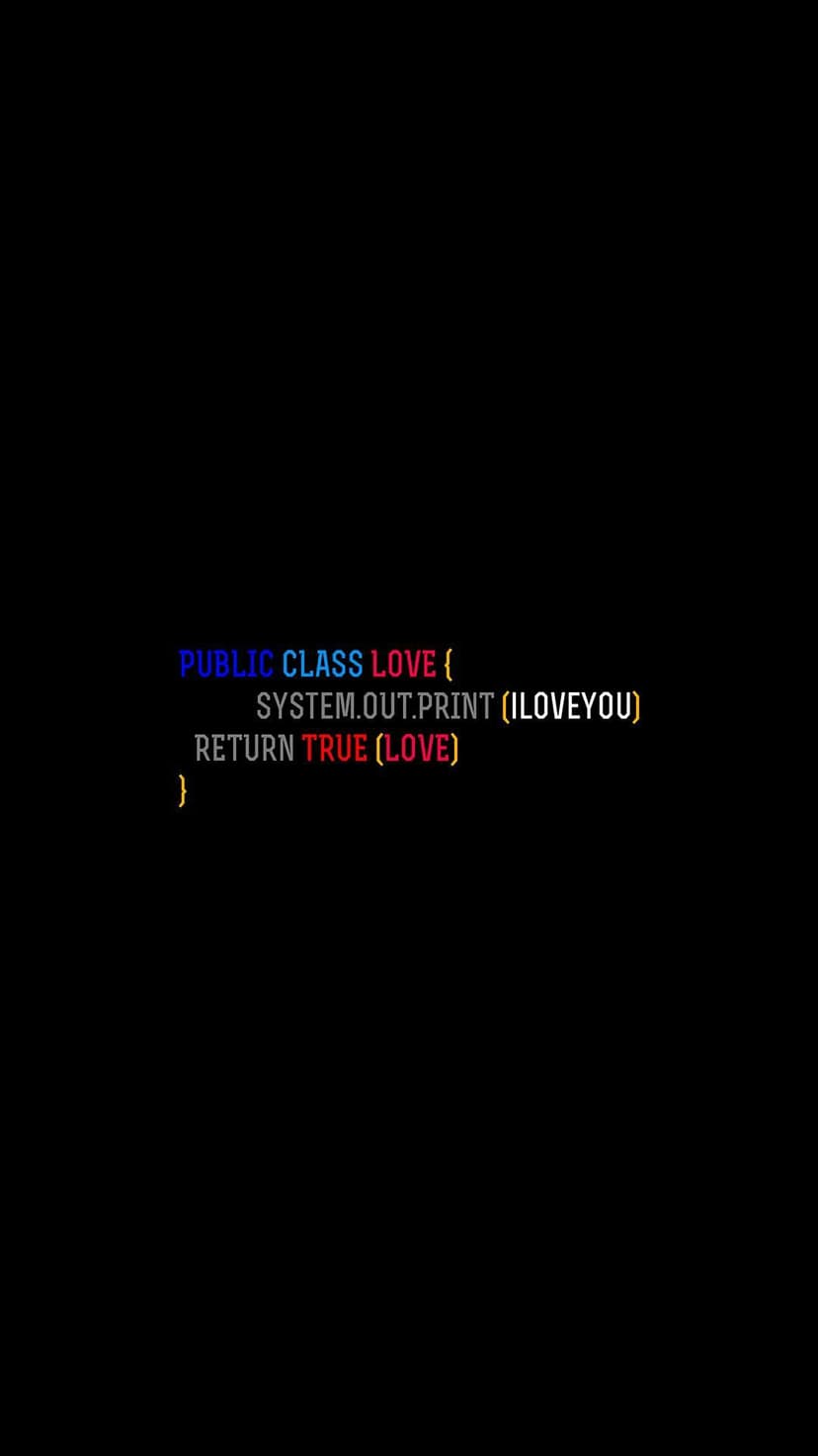 Java code text defining a love class and returning true glows in neon colors against a solid black background.