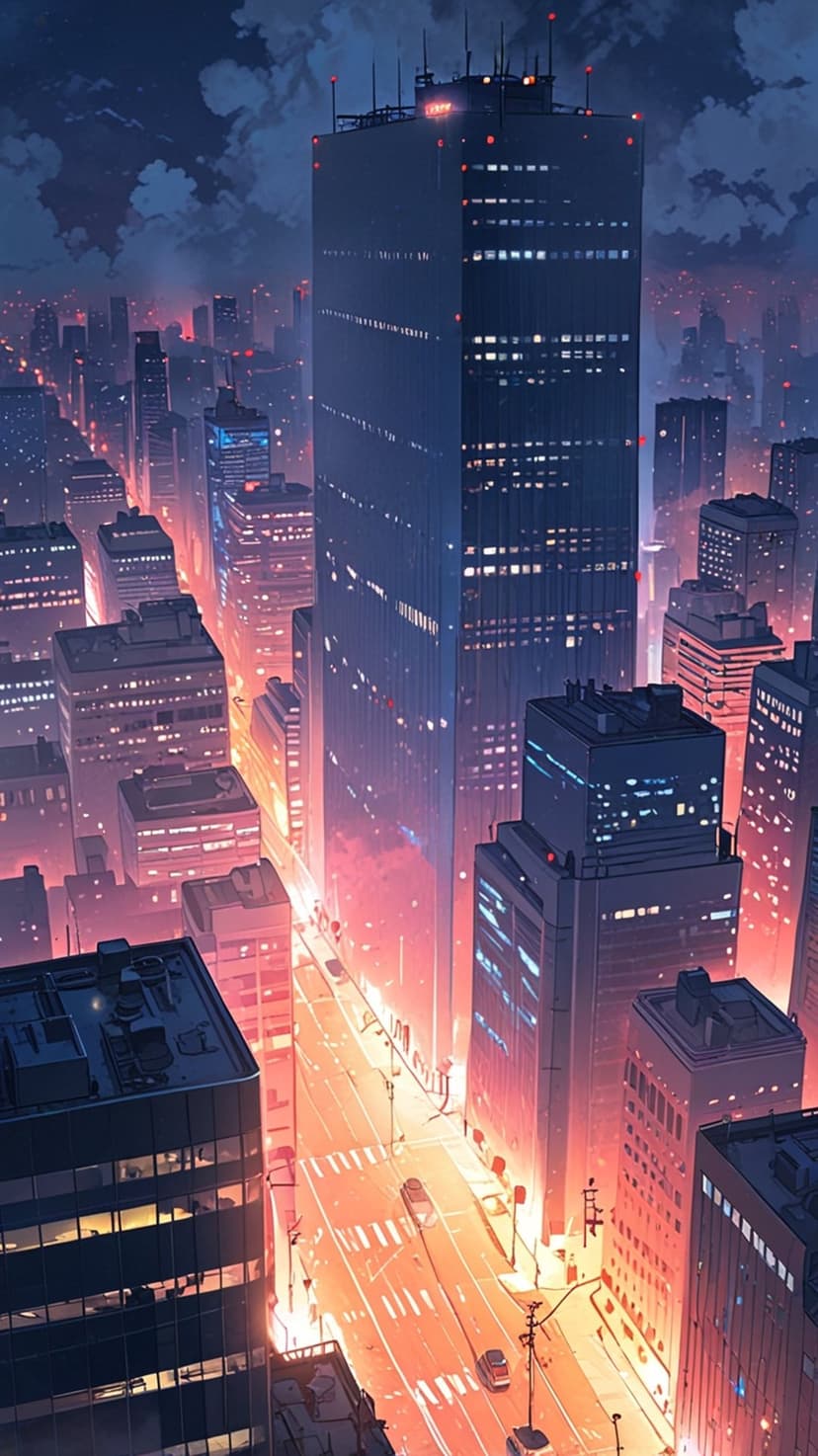 Tall skyscrapers glow with pink and blue neon lights over a busy street at sunset in a vertical urban view.