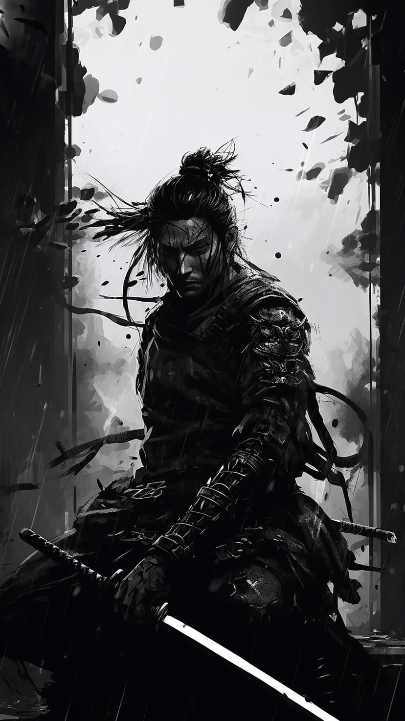 Samurai warrior in traditional armor grips a katana with a stoic expression against a high-contrast background.