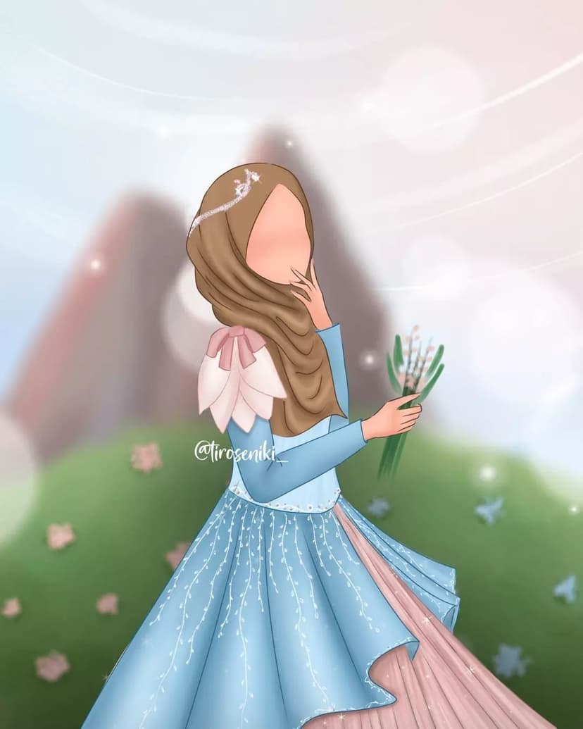Muslim woman in a pink hijab holds a bouquet of white flowers in a soft, dreamy landscape with green hills.