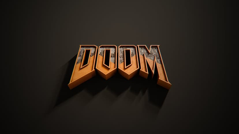 Doom game emblem logo features scorched metal textures and orange glowing embers against a dark background.