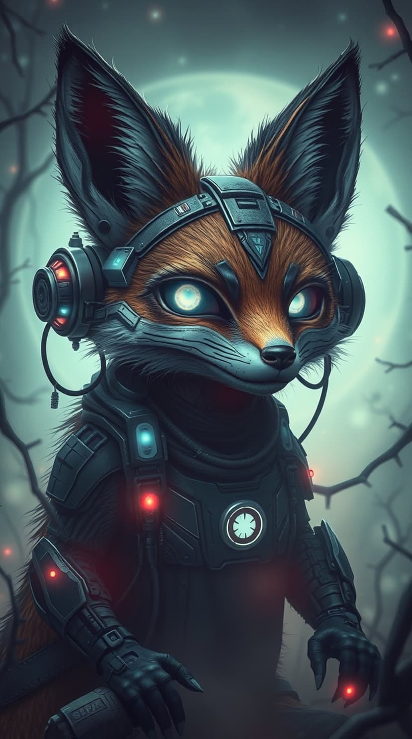 Cybernetic fox with glowing blue eyes wearing metallic armor and a headset in a misty moonlit forest.