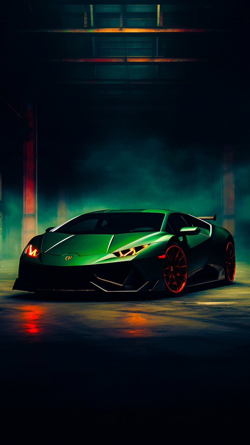 Green Lamborghini Huracan with red glowing wheels parked on a wet garage floor amidst thick white mist and smoke.