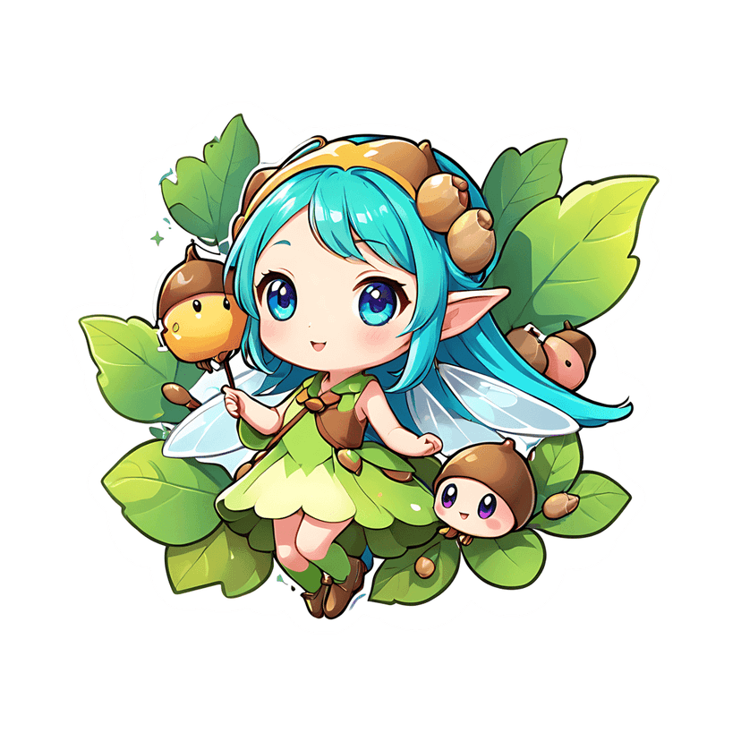 Chibi fairy character with aqua hair and green leaf dress holding an acorn surrounded by forest foliage.