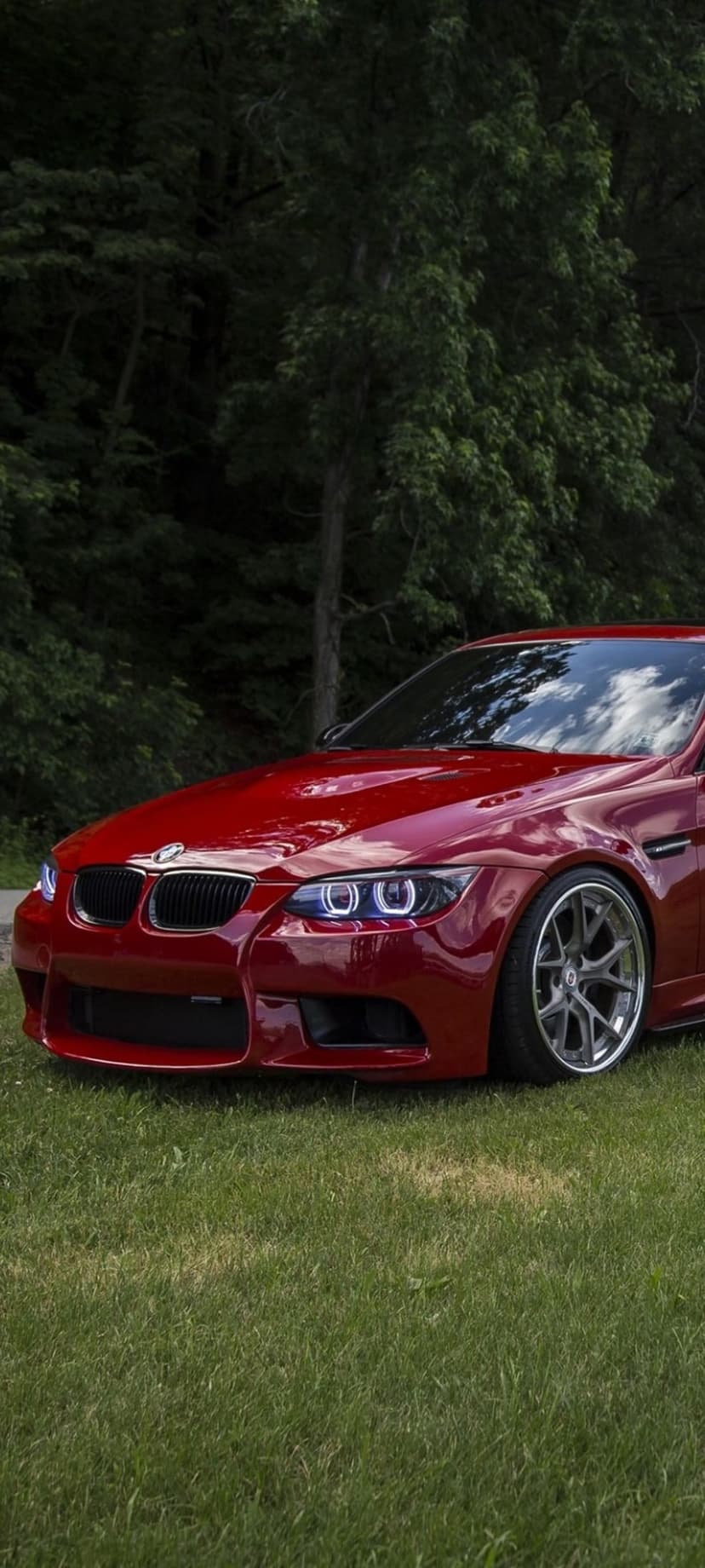 Red BMW M3 sedan with halo headlights parked on green grass against a dark, dense forest background.