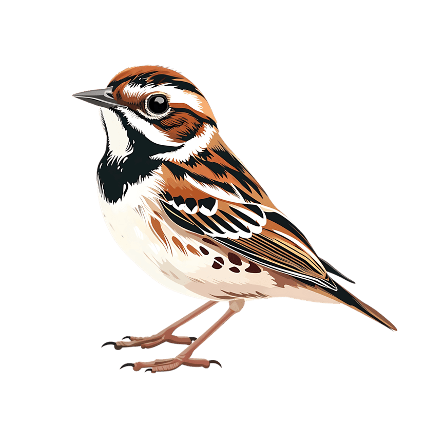 Songbird plumage illustration shows detailed brown and white feathers with sharp beak and claws in side profile.
