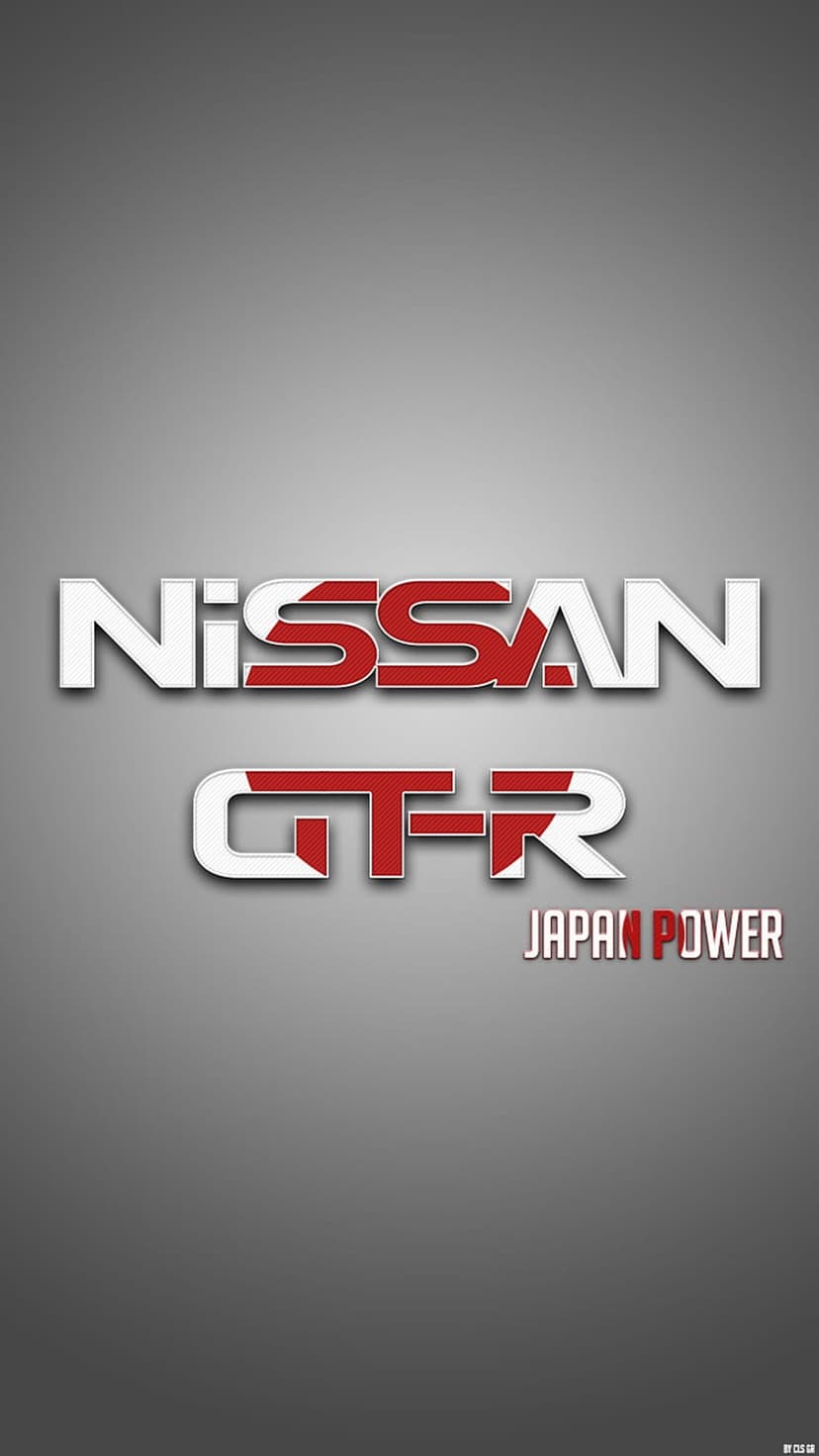Nissan GT-R logo with red R and Japan Power text on a minimalist grey gradient background for mobile display.