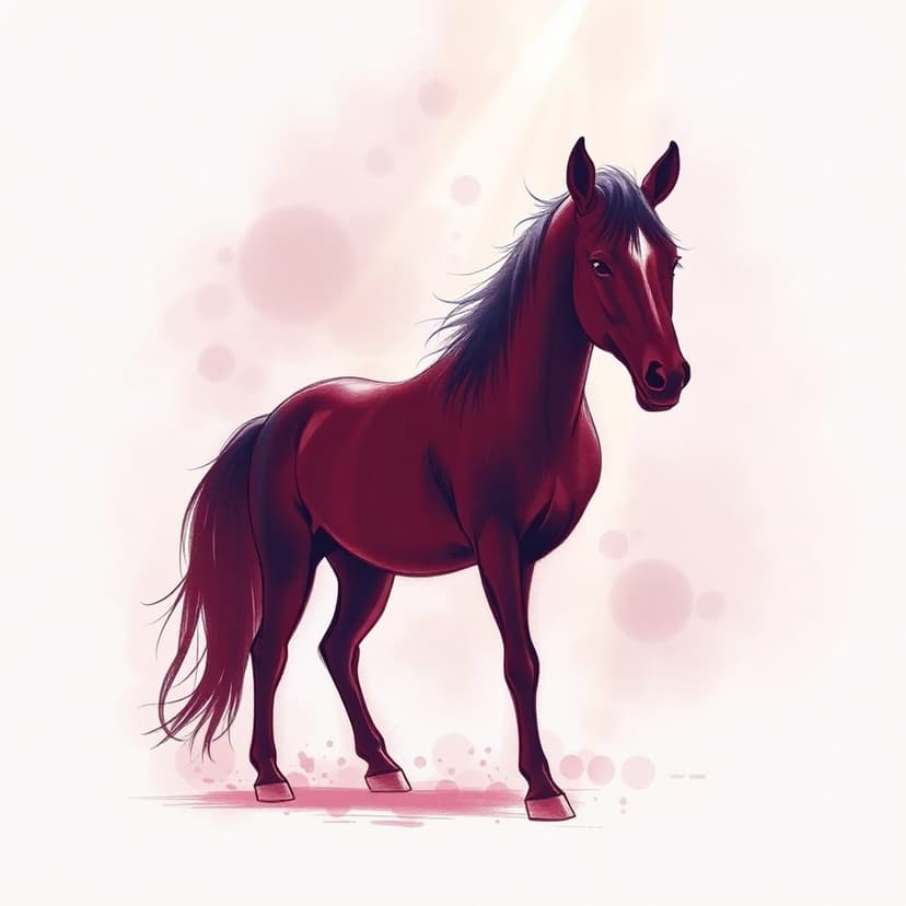 Dark red horse with a thick black mane standing in a soft environment with pink bokeh and light rays.