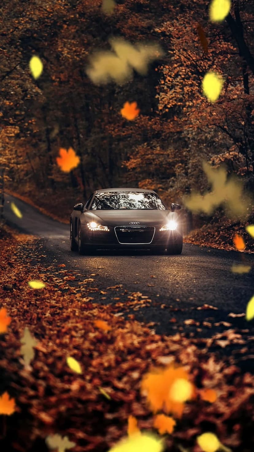 Black Audi R8 driving on a road covered in orange leaves under a dense canopy of colorful autumn trees.
