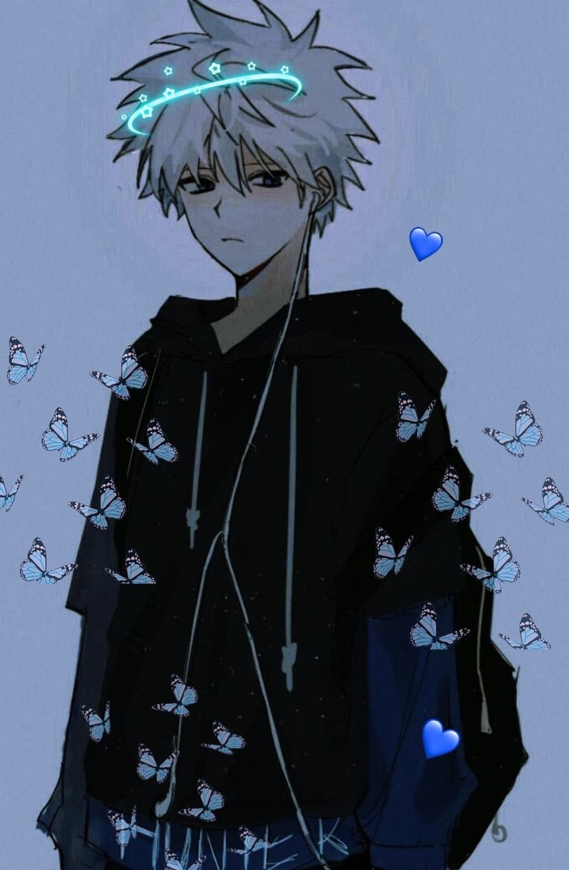 White-haired boy wearing headphones and a hoodie stands amidst glowing blue butterflies under a luminous halo.