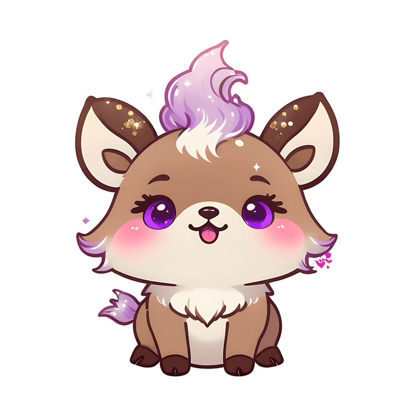 Brown fawn sticker with purple hair and glitter ears featuring large violet eyes and a thick white outline.