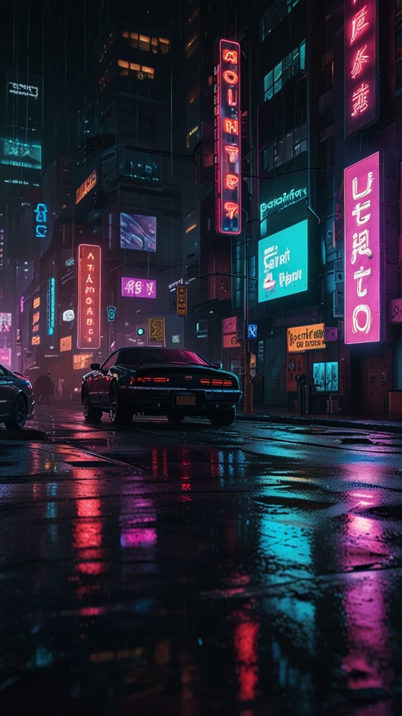 Retro vehicle driving through a rainy neon-lit futuristic city street with vibrant puddle reflections.