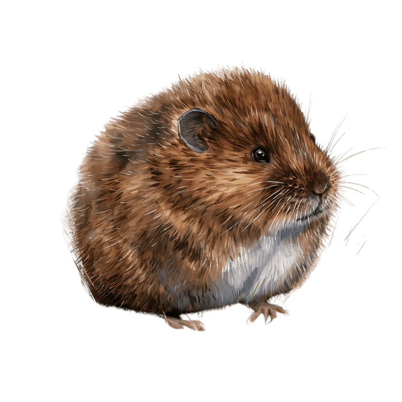 Watercolor vole illustration features detailed brown fur and whiskers on a transparent background for design.