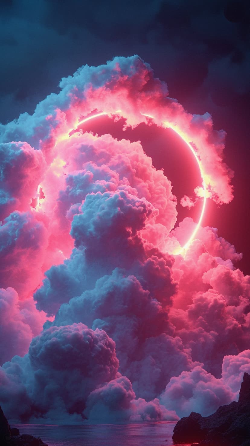 Radiant white halo centered between pink and blue clouds reflecting on dark water with jagged rocky shorelines.