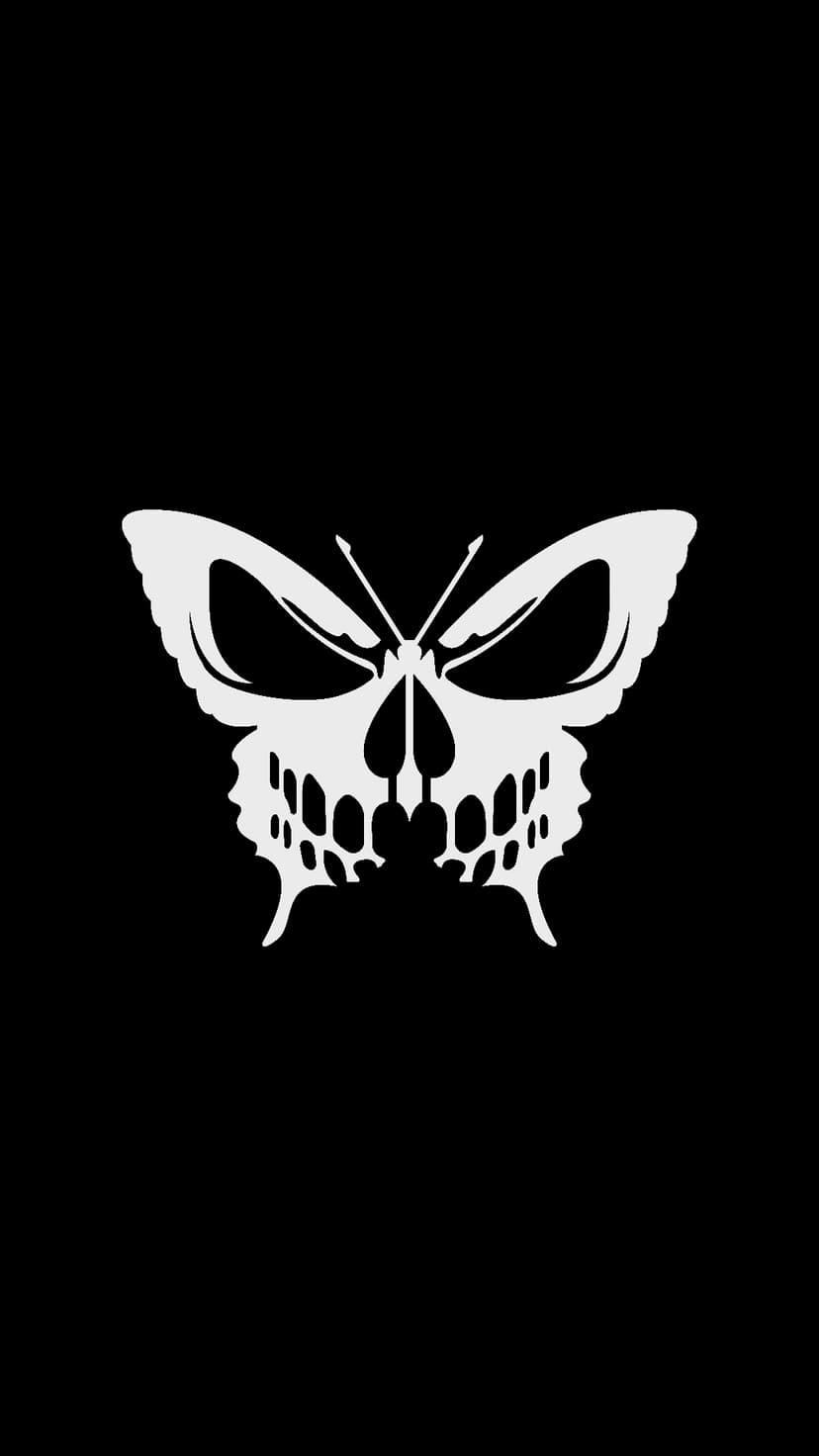 White skull with butterfly wings centered on a solid black background, showcasing symmetrical bone structures.