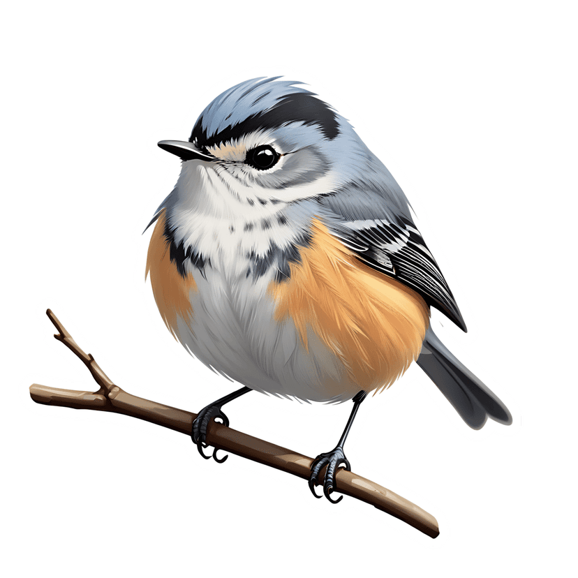 Blue grey songbird illustration perches on a brown branch with a crisp white die-cut outline and orange breast.