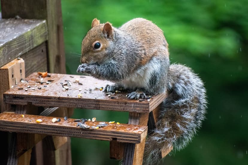 Grey squirrel eating seeds on a wet wooden feeder with raindrops and a blurred green forest background.