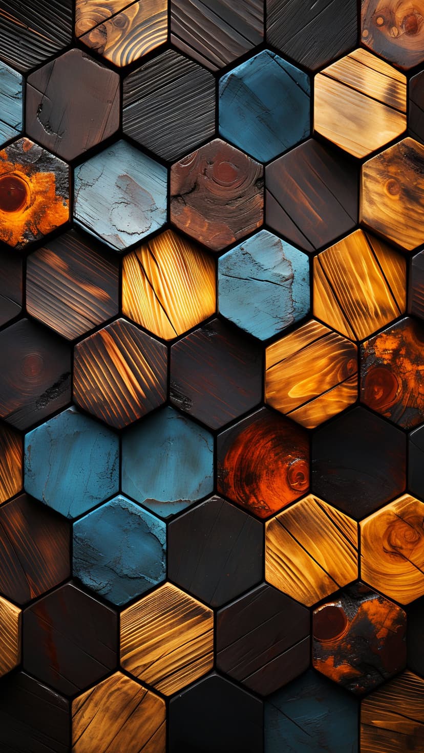 Hexagonal timber blocks in deep blue and fiery orange showcase natural wood grains in a textured geometric mosaic.