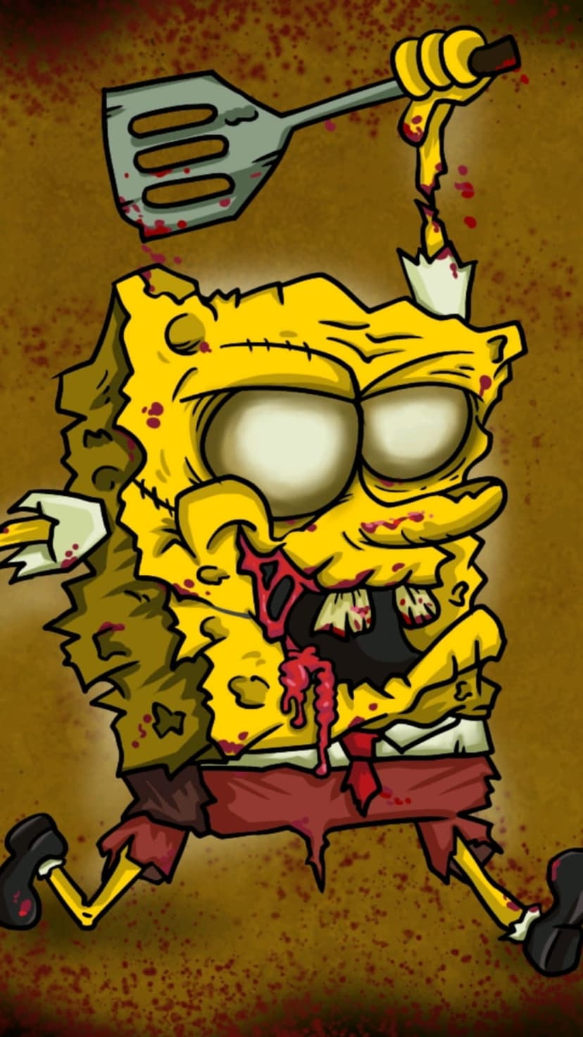 Zombie sea sponge with hollow white eyes holds a blood-stained spatula against a dark textured background.