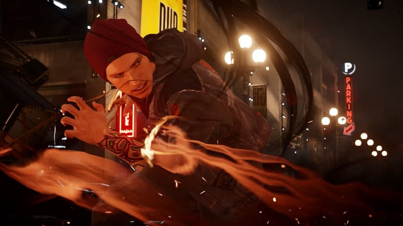 Delsin Rowe with glowing orange smoke powers on a rainy city street at night with neon lights.