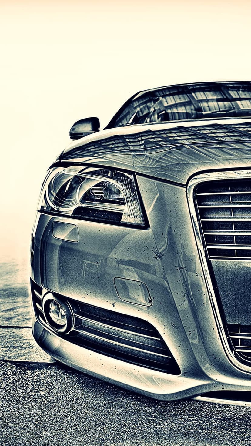 Silver Audi sedan front grille and sharp LED headlight with metallic reflections in a close-up portrait view.
