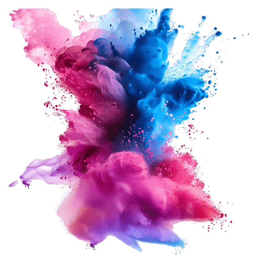 Multicolor powder burst with fine pigment particles exploding in a circular motion against a clear background.