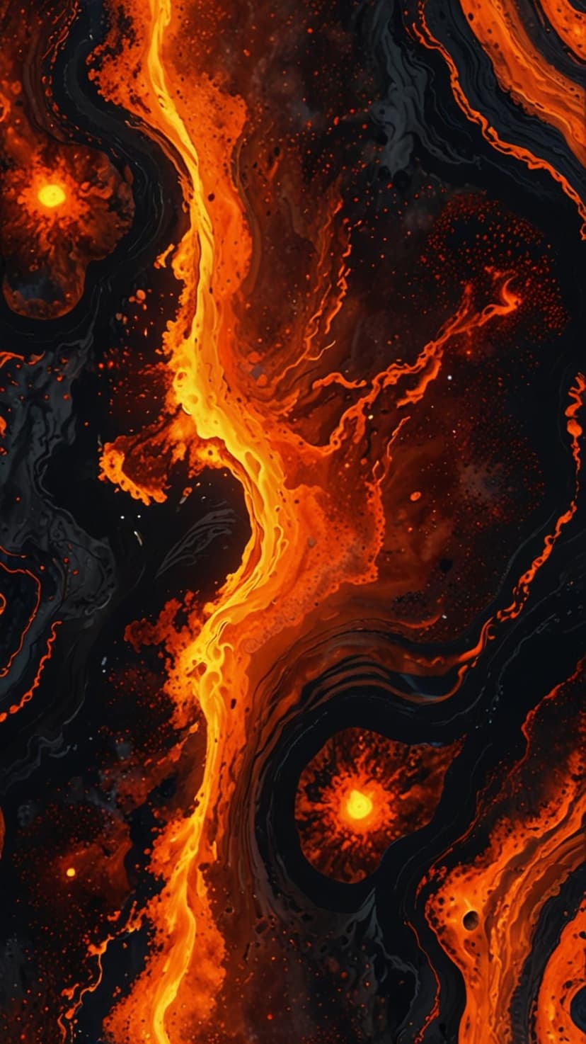 Molten orange magma streams swirl around luminous yellow spheres set against a dark, speckled backdrop.