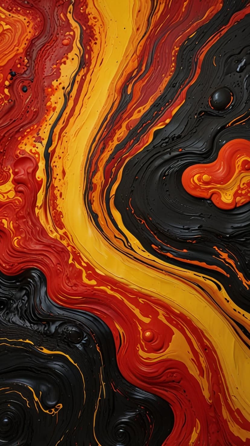 Molten lava swirls in vibrant red and yellow blend with thick black paint textures in a fluid abstract pattern.
