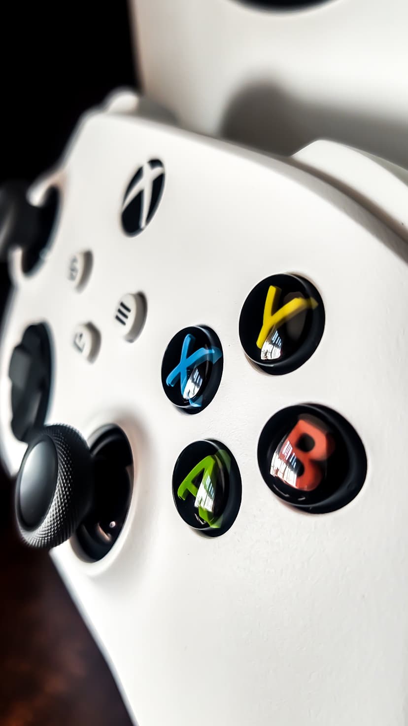 White Xbox controller face buttons and a textured joystick captured in a sharp macro shot with soft lighting.