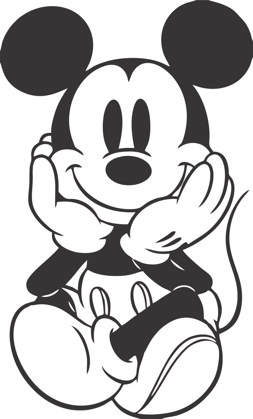 Mickey and Minnie Mouse line drawing featuring black ink outlines on a transparent background in a vintage style.