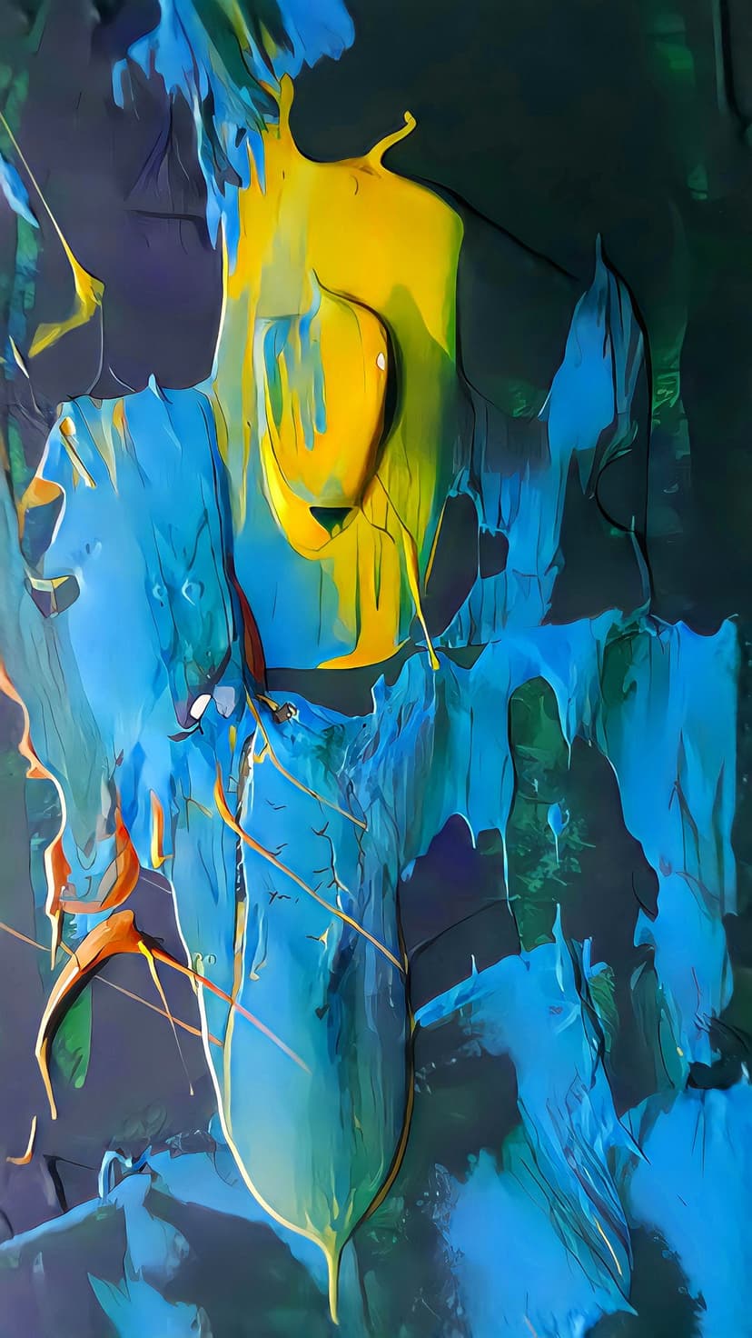Swirling blue, yellow, and green brushstrokes overlap with thick textures in a vertical abstract composition.