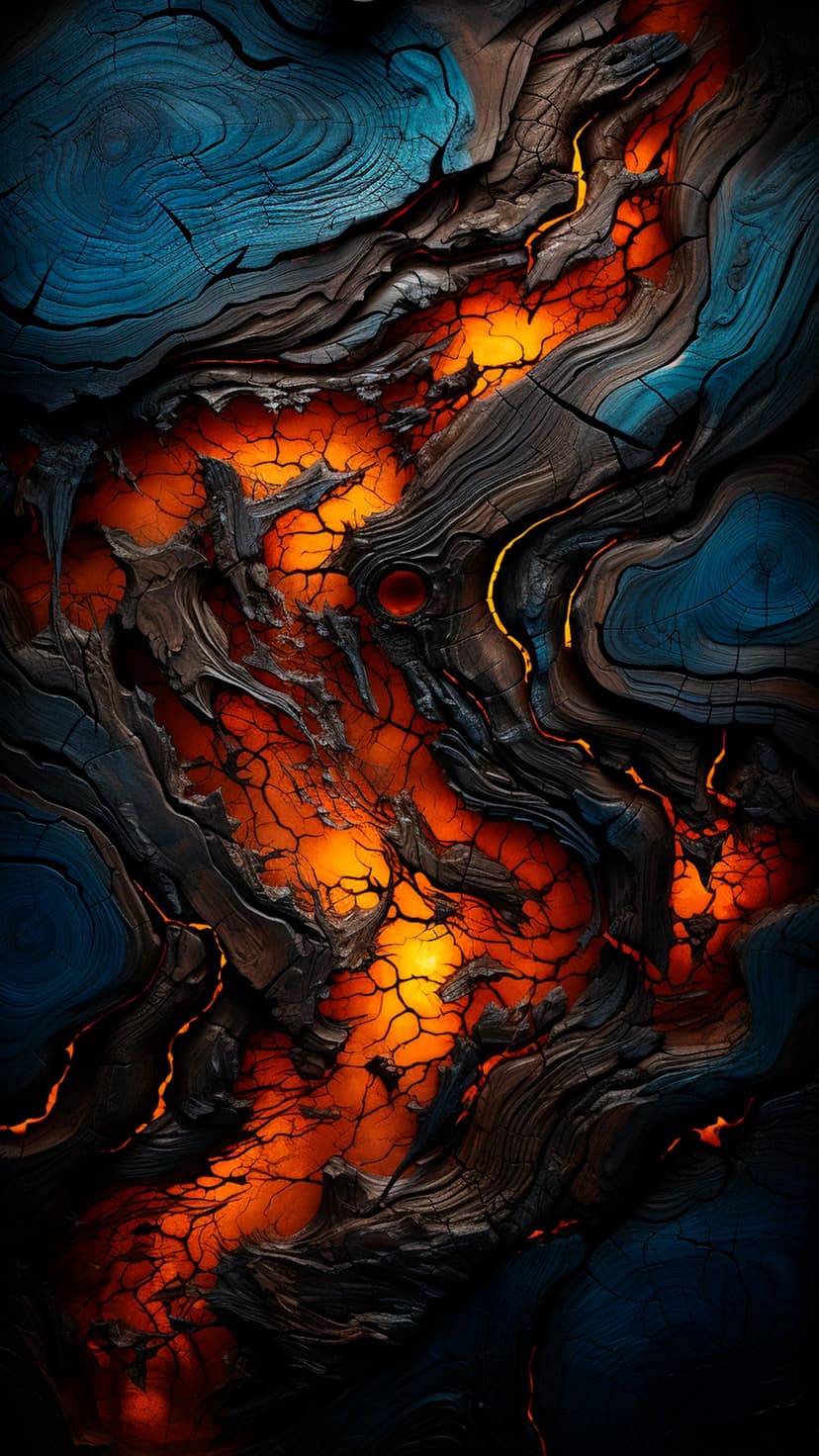 Molten orange lava flows through deep cracks in dark charred wood with textured bark and high-contrast lighting.