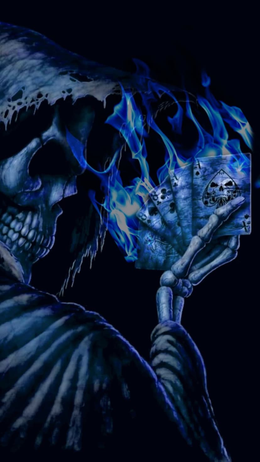 Skeletal reaper holding poker cards engulfed in blue flames with a skull design on the ace of spades card.