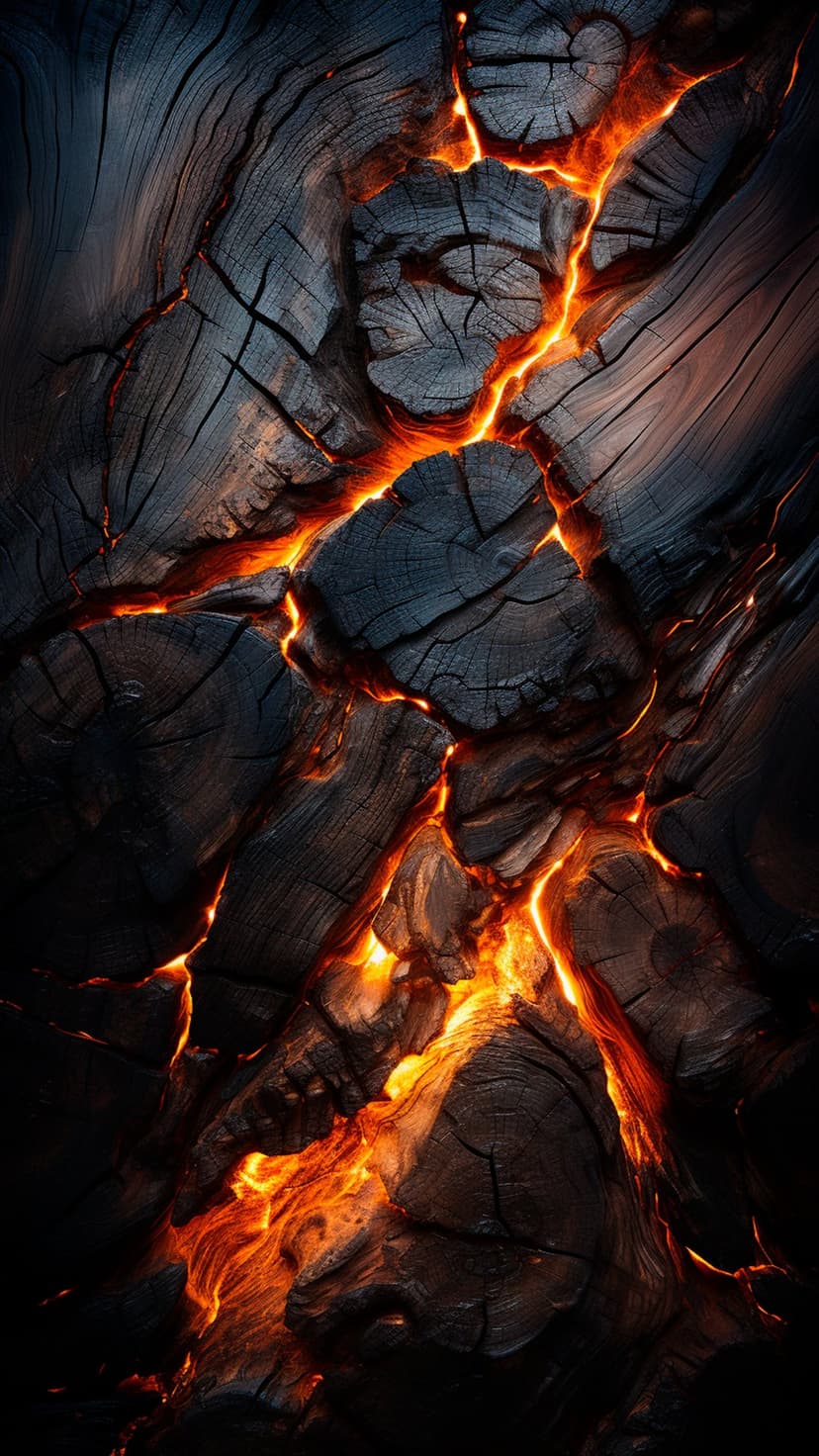 Vibrant orange embers glow within the deep vertical cracks of black charred wood with a detailed macro texture.