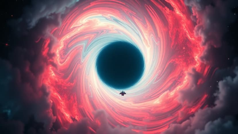 Solitary spaceship navigates a massive black hole surrounded by glowing pink rings and fiery red nebula clouds.