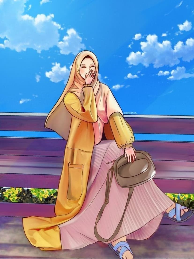 Hijabi woman in a yellow coat and pink skirt laughs while sitting on a bench under a bright blue cloudy sky.